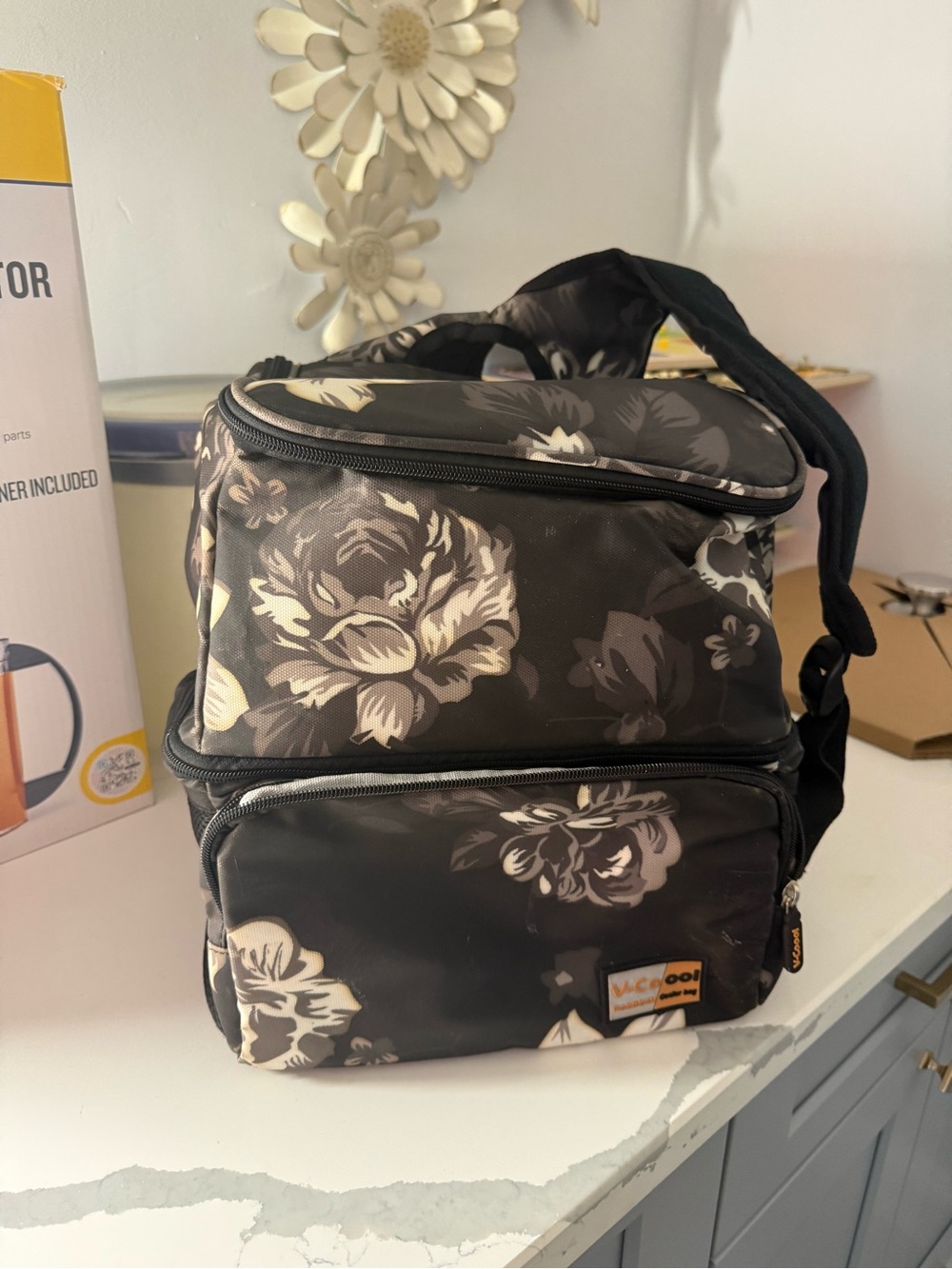 Vcool Floral Insulated Cooler/ Pumping Backpack Bag - Black Cream